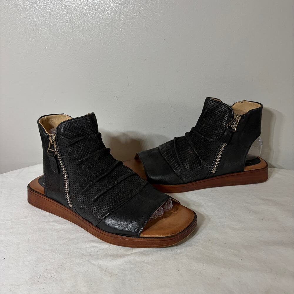 Miz Mooz Black Perforated Leather Open-Toe Wedge Sandals
